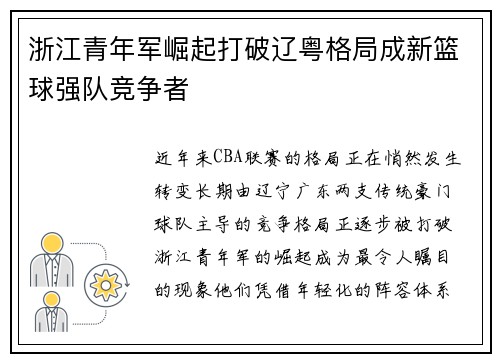 浙江青年军崛起打破辽粤格局成新篮球强队竞争者